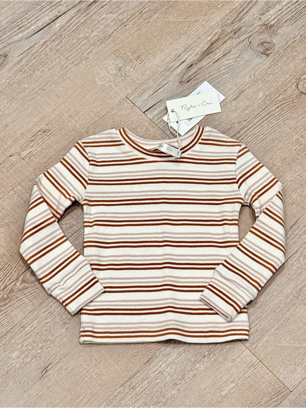 Rylee + Cru Cream and Brown Striped Ribbed Long Sleeve Tee